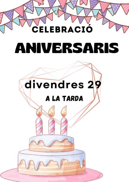 Cartel “Celebración de Aniversarios” viernes 29 en la tarde, con guirnaldas de colores y tarta de dos pisos con tres velas.