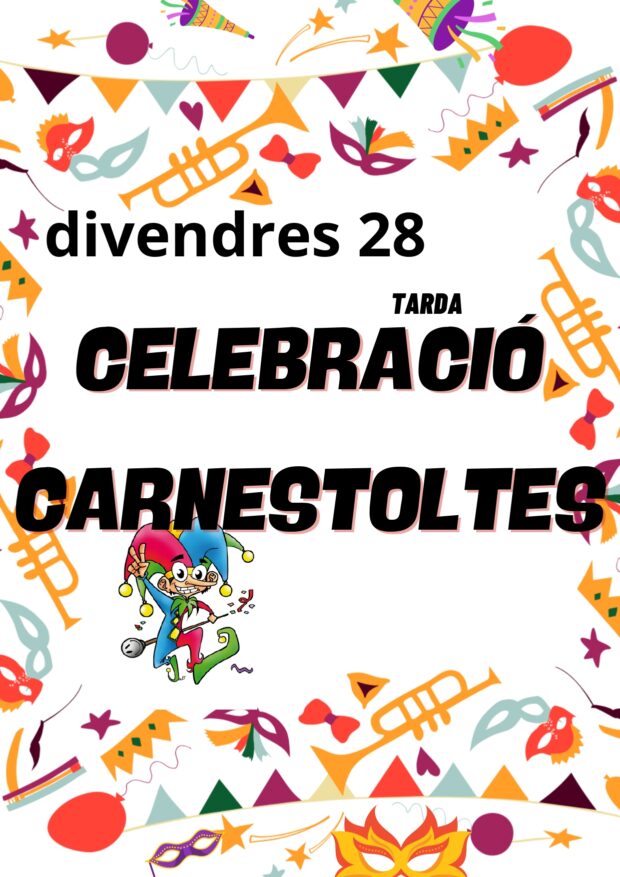 Celebració de Carnestoltes en una residència de padrins, amb persones grans disfressades, somrient i gaudint d’una sala decorada amb globus, màscares i garlandes. Un ambient ple d’alegria, comunitat i diversió