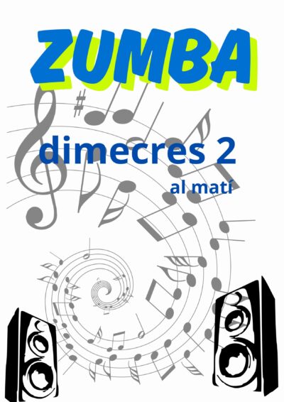 Cartel promocional de una sesión de Zumba el miércoles 2 por la mañana, con ilustraciones de notas musicales en espiral y altavoces a ambos lados.