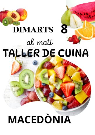 Taller de Cocina: Macedonia” el martes 8 por la mañana, con imágenes de frutas troceadas (kiwi, uvas, fresas, naranja, melocotón) en un bol