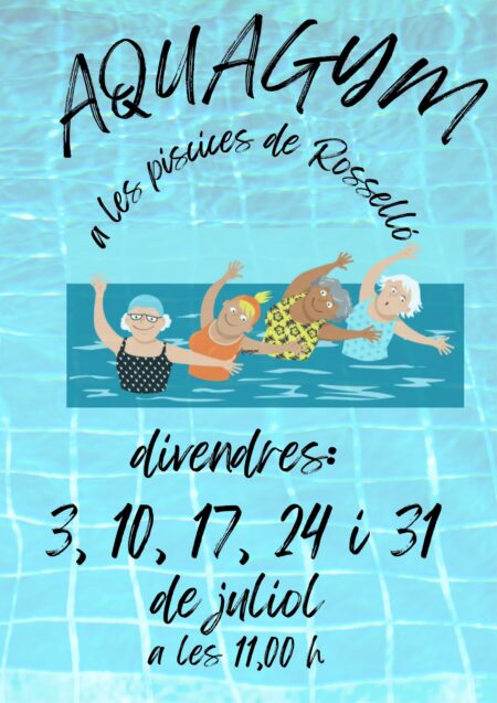 Aquagym en las piscinas de Rosselló con personas mayores realizando ejercicios acuáticos adaptados y actividades de bienestar en el agua.