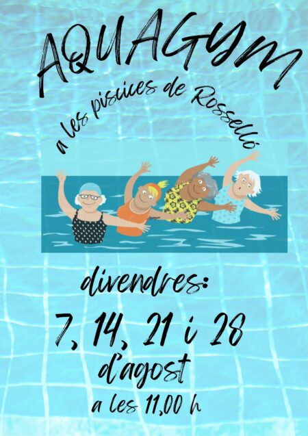 Aquagym en las piscinas de Rosselló con personas mayores realizando ejercicios acuáticos adaptados y actividades de bienestar en el agua.